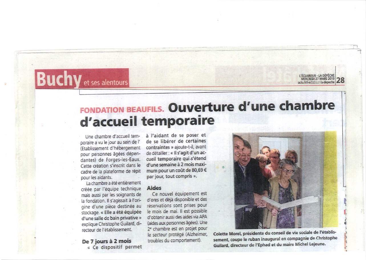 ARTICLE JOURNAL  HEBERGEMENT TEMPORAIRE  EHPAD Fondation Beaufils